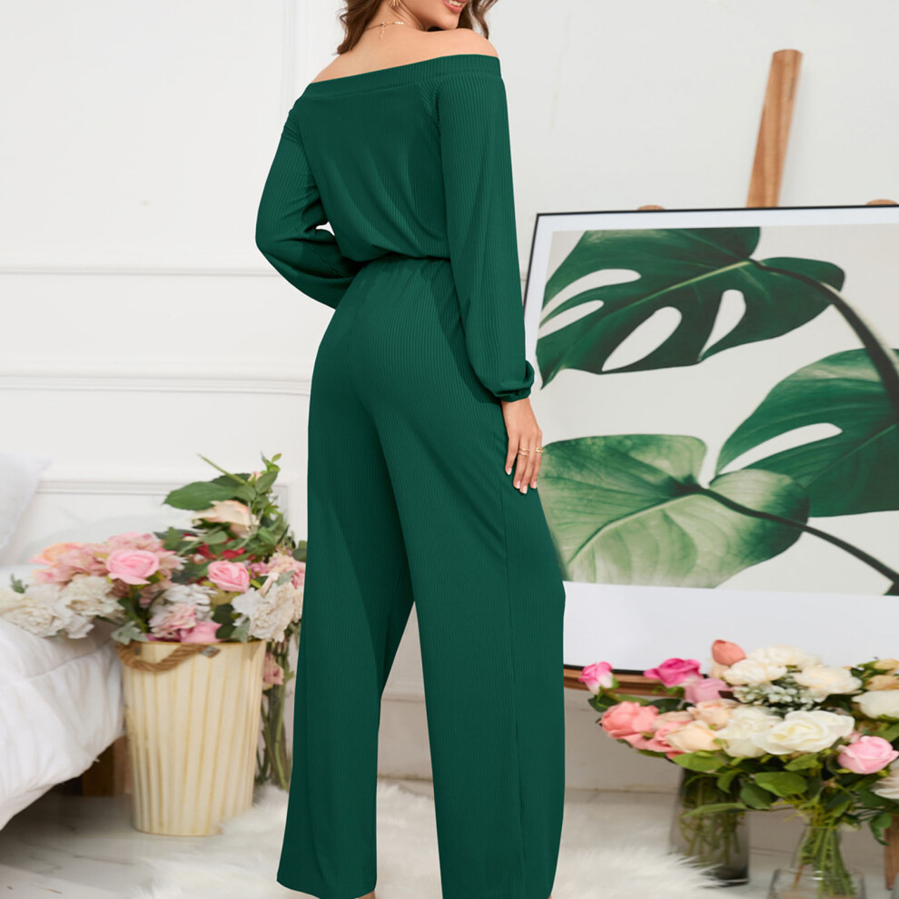 Women Off Shoulder Jumpsuit Wide Legs Green L Summer Loose Fit Outfits-image-OPC-PKMT5WM-NEW