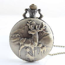 Pocket Watch Classic Cute Elk Watch Necklace Round Quartz Watch Pendant Chains for Men Women
