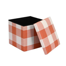 (Orange Check) Faux Leather Folding Storage Box Ottoman Seat Stool Storage Boxes Home Footstool Organiser Pack With Lid Bedroom Garments Storage