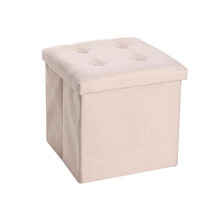 (Beige Line) Faux Leather Folding Storage Box Ottoman Seat Stool Storage Boxes Home Footstool Organiser Pack With Lid Bedroom Garments Storage