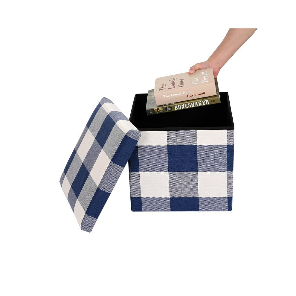 (Blue Check) Faux Leather Folding Storage Box Ottoman Seat Stool Storage Boxes Home Footstool Organiser Pack With Lid Bedroom Garments Storage-image-OPC-PKMTSX5-NEW