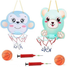 2 Piece Kids Cartoon Hanging Basketball Hoop and Backboard Set, Rack Adjustable (Bear + Monkey)