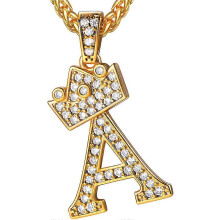 (Q Silver, One size) Crown Initial A-Z Necklace, Iced Out Letter Pendant with 22-24 Inch Chain, Men Women Bling Hip Hop Alphabet Name Jewelry Gift Big Initials Necklaces C