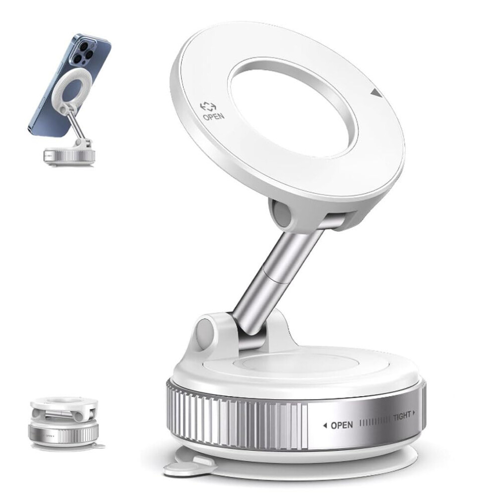 Maglock 360 Foldable Magnetic Phone Mount 2025 Vacuum 96Lb Ultra-Suction Car Holder Magsafe Compatible White 9354506831875