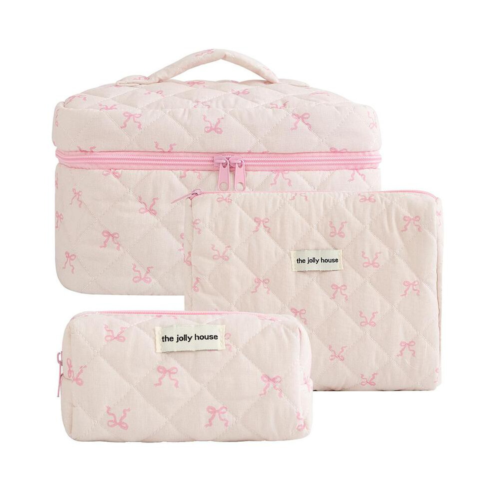 (Pink-Pink Bow, 3counts/set) Quilted Makeup Bag, Portable Zipper Makeup Organizer Pouches for Skincare, Makeup Tools, Travel Essentials, Cosmetic Stor