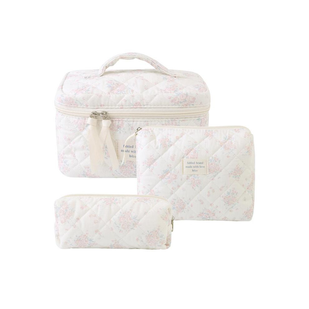 (Light Pink-Flower, 3counts/set) Quilted Makeup Bag, Portable Zipper Makeup Organizer Pouches for Skincare, Makeup Tools, Travel Essentials, Cosmetic