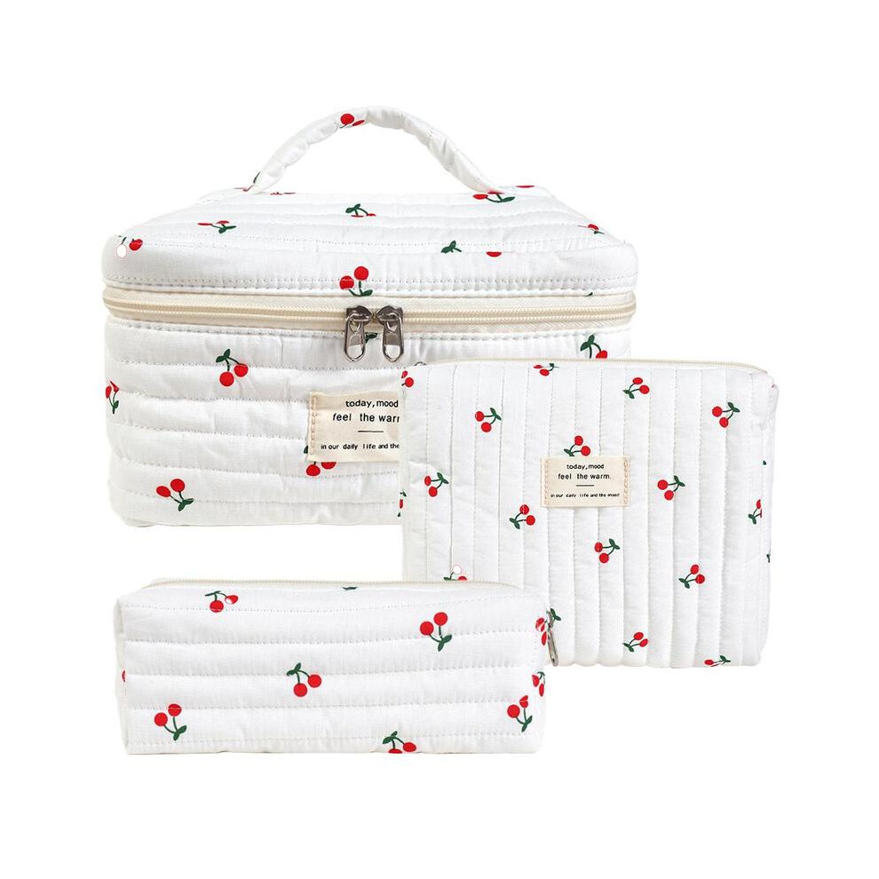 (Red Cherry, 3 Counts/set) Floral Pattern Quilted Makeup Bag Set, 3 Counts Travel Cosmetic Bags, Portable Zipper Makeup Organizer Pouches, for Skincar