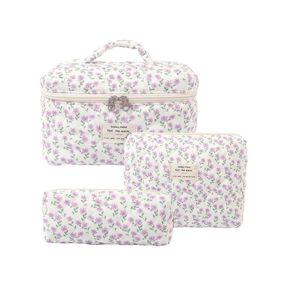 (Mauve Purple, 3 Counts/set) Floral Pattern Quilted Makeup Bag Set, 3 Counts Travel Cosmetic Bags, Portable Zipper Makeup Organizer Pouches, for Skinc
