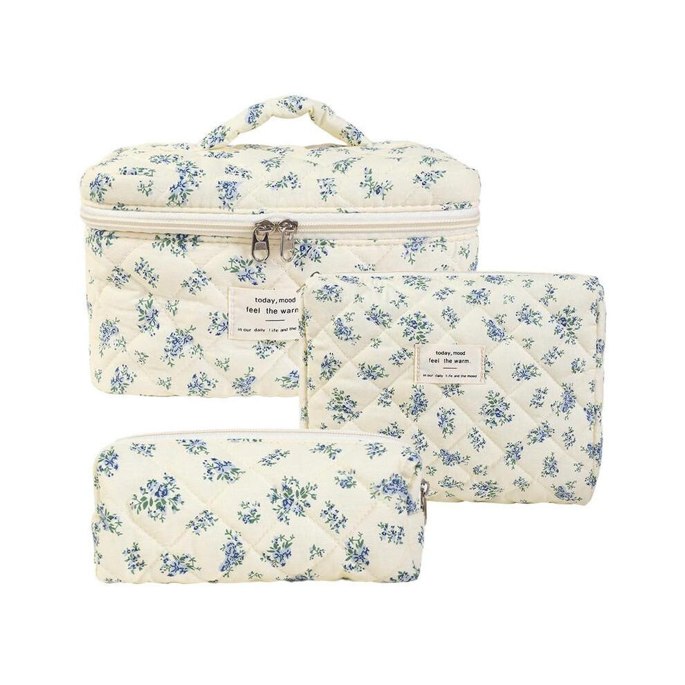 (Broken flower, 3 Counts/set) Floral Pattern Quilted Makeup Bag Set, 3 Counts Travel Cosmetic Bags, Portable Zipper Makeup Organizer Pouches, for Skin
