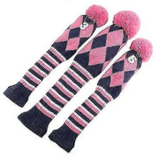 Golf Knit 3pcs Headcover Set Vintange Pom Pom Sock Covers 1-3-5 Pink & White New
