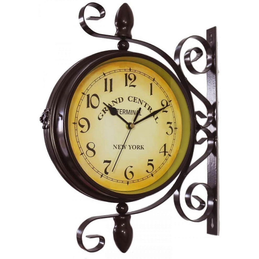 Kikidex (As Show, One Size) Xyc Wrought Iron Antique-Look Round Wall Hanging Double Sided Two Faces Retro Station Clock Round Chandelier Wall Hanging Cl Brown