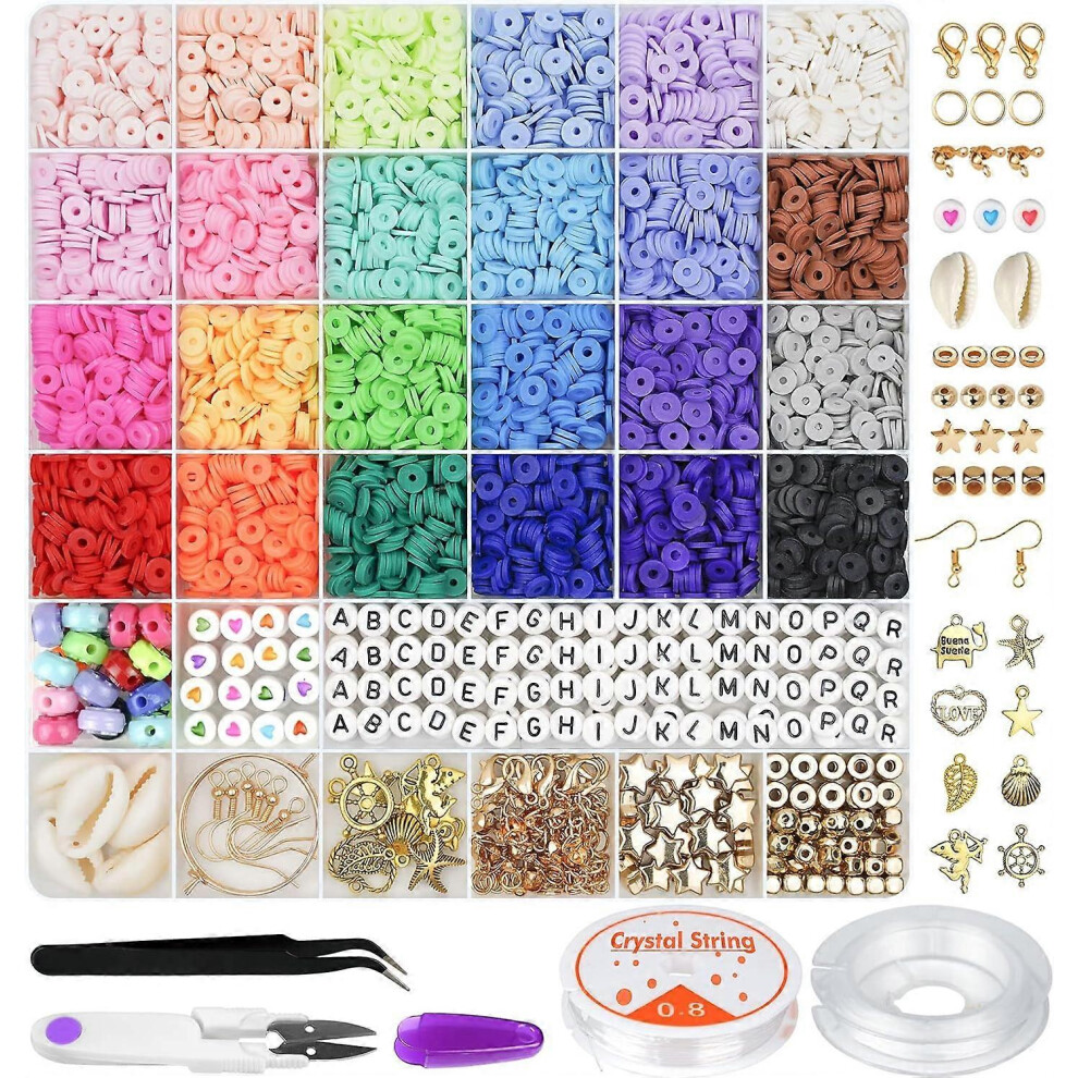 Kikidex (As Show, One Size) 6000 Clay Beads Bracelet Making Kit, 24 Colors Flat Preppy Beads For Friendship Bracelets, Polymer Clay Beads With Charms For Jewe