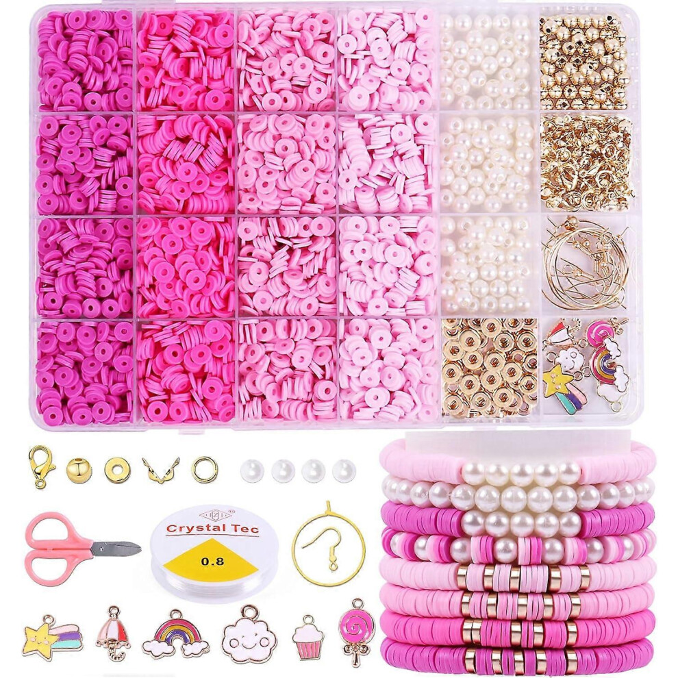 Kikidex (As Show, One Size) 3500 Pcs Pink Clay Beads Kit For Bracelets Making, Polymer Heishi Beads For Jewelry Making, Friendship Bracelet Kit For Girls Adul Pink,White