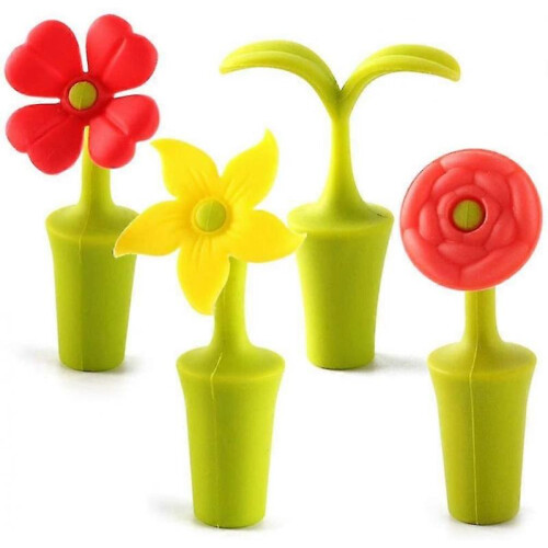 Silicone Sealing Wine Corks, Reusable Wine Flower Corks, Beer Flavoring Bottle Corkscrew Tools (4 Pack, Multicolor)