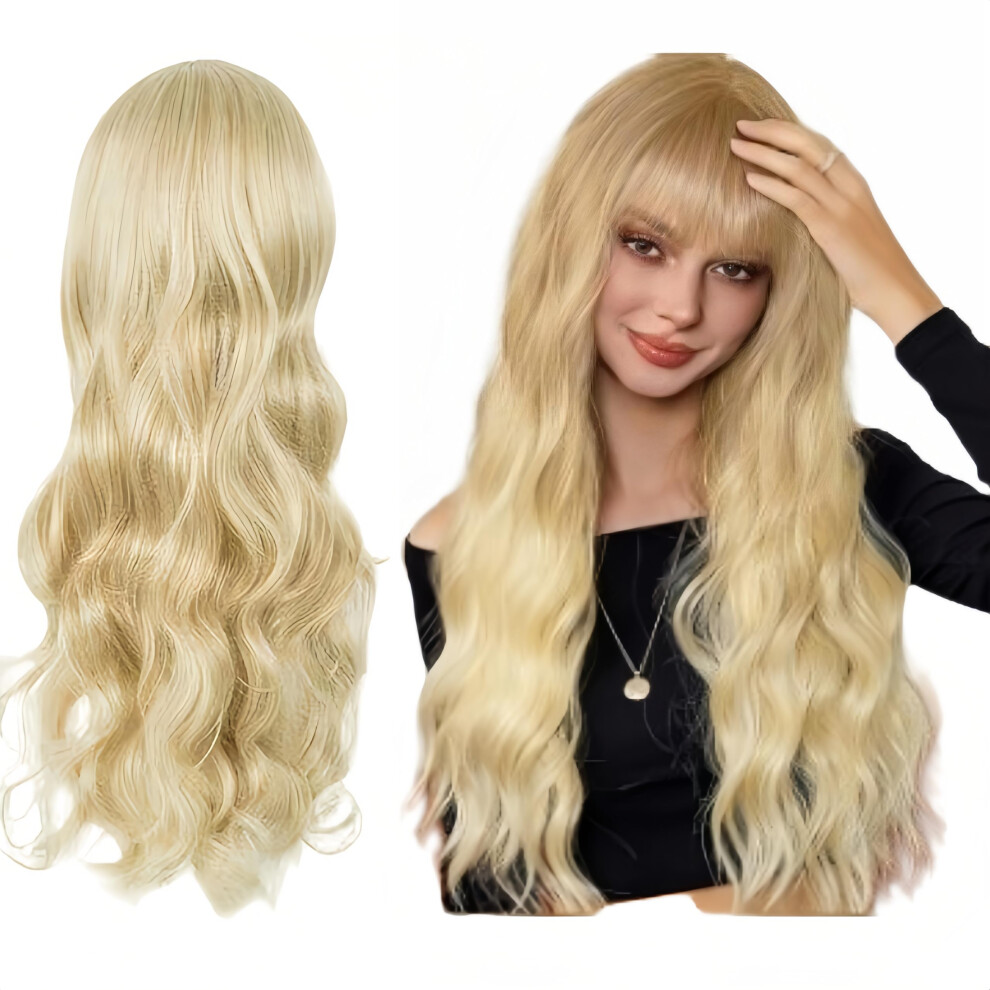 Unisex Wave Wig Long Curly Wigs 27 Inch Blonde With Bangs Synthetic Hair Full Hair Replacement For Women Cosplay And Daily Use