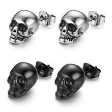 Punk Stainless Steel Stud Earrings, Men's Rock Stud Earrings (2 Pairs, Black, Silver)