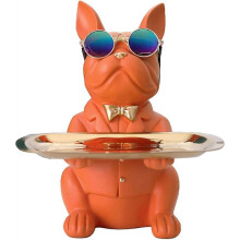 French bulldog doll with tray stainless steel table decoration sculpture decoration key bowl statue small parts container fruit bowl(Orange)