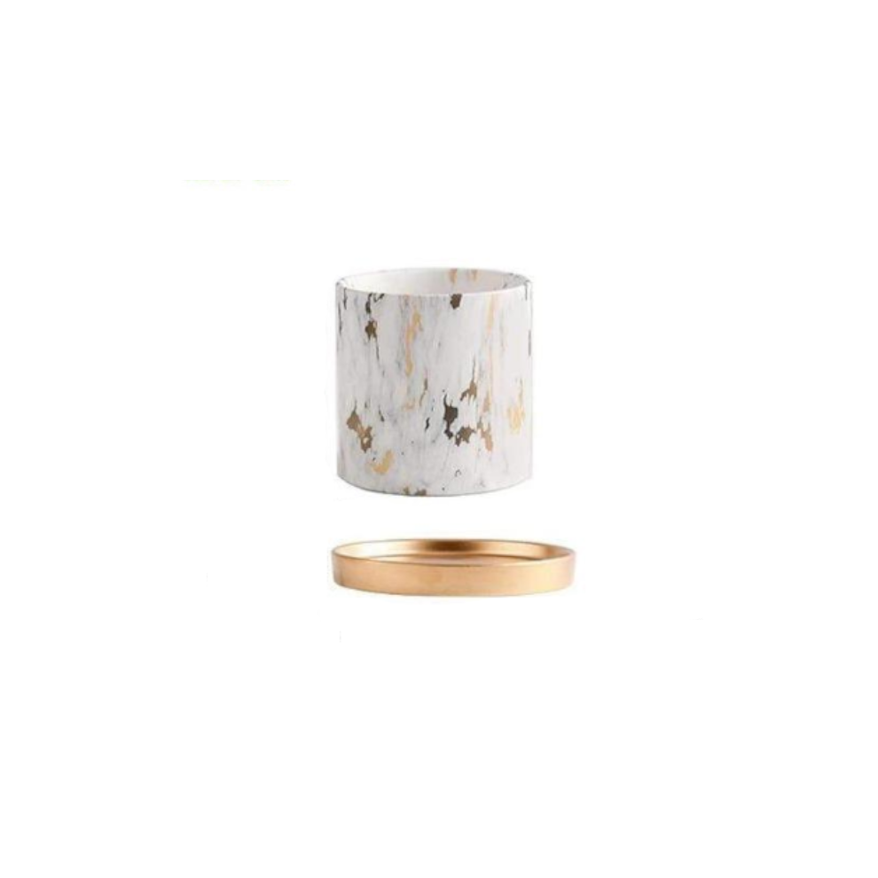 (Medium) Marble Design White Pot With Gold Tray Nordic Home Decor-image-OPC-PFNWZWY-NEW