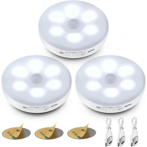 Automatic LED Night LightInterior Motion Sensor LightWireless LED Lights3 Modes (Auto/On/Off) USB Rechargeable Light[Energy Class A+++]3 pieces