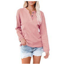 Loose Pullover With Buttons For Women Plain T Shirt Style Fleece Solid Color Long Sleeve Lightweight Winter Fall Pink XL B2