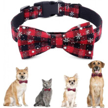 Christmas Cat Collar Costumes Pet Dog Snow Pattern Adjustable Nylon Necktie Bowknot Bowtie Traction Rope S