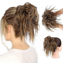 Messy Bun Hair Piece Hair with Elastic Rubber Band Extensions Hairpiece Synthetic Hair(Tousled Updo Bun, Medium Dark Brown Mix Strawberry Blonde)