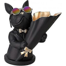 Vinbcorw French bulldog figure with tray stainless steel,Table decoration sculpture decoration, key bowl statue small parts, container,Black