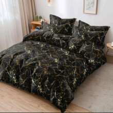 (Marble Black-Gold Bedding, Double) 4PCS Marble Bedding Set with Gold and Silver Theme – Fitted Sheet, Duvet Cover & Pillowcases