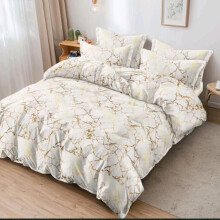 (Marble Cream-Gold Bedding, Double) 4PCS Marble Bedding Set with Gold and Silver Theme – Fitted Sheet, Duvet Cover & Pillowcases