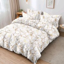 (Marble White-Gold Bedding, Double) 4PCS Marble Bedding Set with Gold and Silver Theme – Fitted Sheet, Duvet Cover & Pillowcases