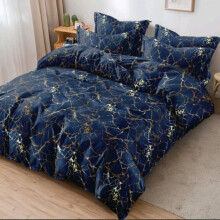 (Marble Navy-Gold Bedding, Double) 4PCS Marble Bedding Set with Gold and Silver Theme – Fitted Sheet, Duvet Cover & Pillowcases