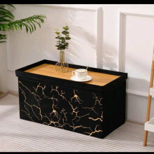 (2STR Black-Gold Marble Ottoman) 2-in-1 Velvet Ottoman Storage Bench - Foldable 2-Seater with Storage Coffee Table Use & Marble Effect Living Room Furniture
