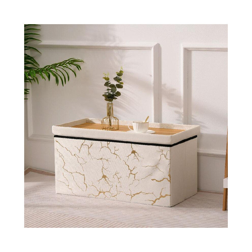 (Cream-Gold, 2STR Large) Premium Lush Velvet Two-Seater Ottoman with Greek Geometric Circle and Square Pattern Stylish Storage Bench Gift Organiser De-image-OPC-PKMYDHM-NEW