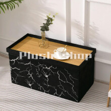 (Black-Silver, 1STR Small) Premium Lush Velvet Two-Seater Ottoman with Greek Geometric Circle and Square Pattern Stylish Storage Bench Gift Organiser Decor Ornaments B