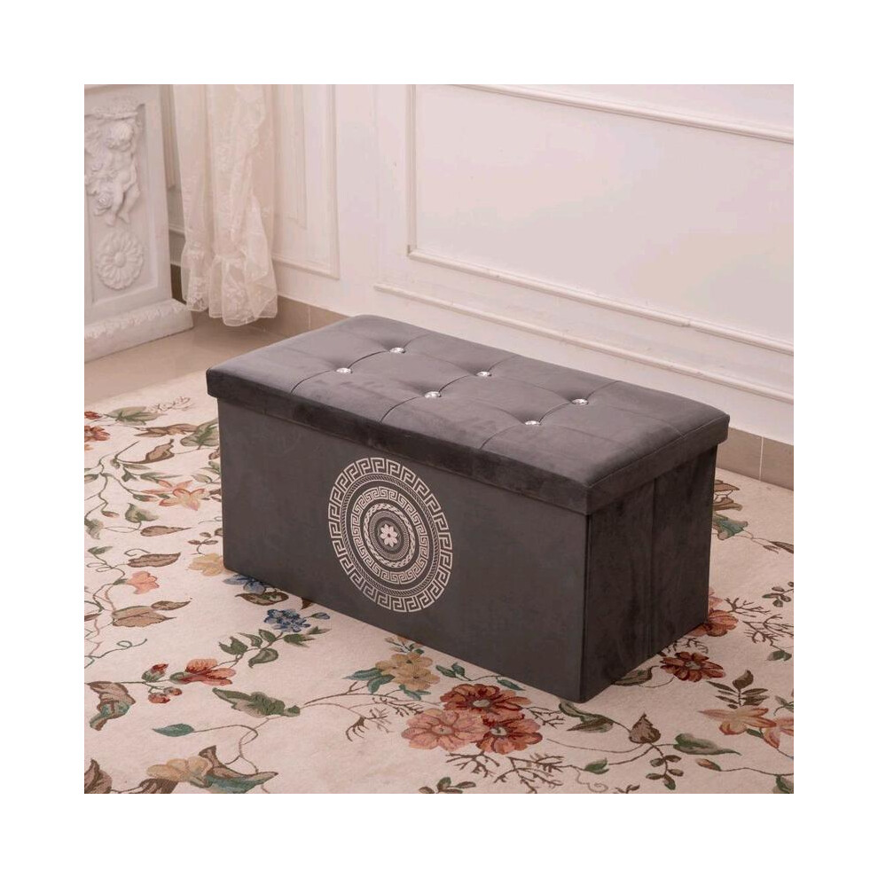 (Grey, 1STR Small) Premium Lush Velvet Two-Seater Ottoman with Greek Geometric Circle and Square Pattern Stylish Storage Bench Gift Organiser Decor Or-image-OPC-PKMYDHS-NEW