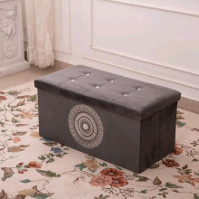 (Grey, 2STR Large) Premium Lush Velvet Two-Seater Ottoman with Greek Geometric Circle and Square Pattern Stylish Storage Bench Gift Organiser Decor Ornaments B