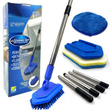 (Full Kit with 3 Heads) Long Handled Bathroom Cleaner - Easily Clean Tiles, Baths and Showers - Stiff Bristle Long and Durable Handle Brush Cleaning Pad Sponge Kit