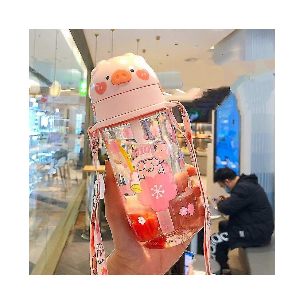 Kikidex (As Show, One Size) Jiji Pig Straw Water Cup High-Value Student Water Cup Portable Outdoor Milk Tea Cup One Pig With More Cherry Blossoms 430Ml