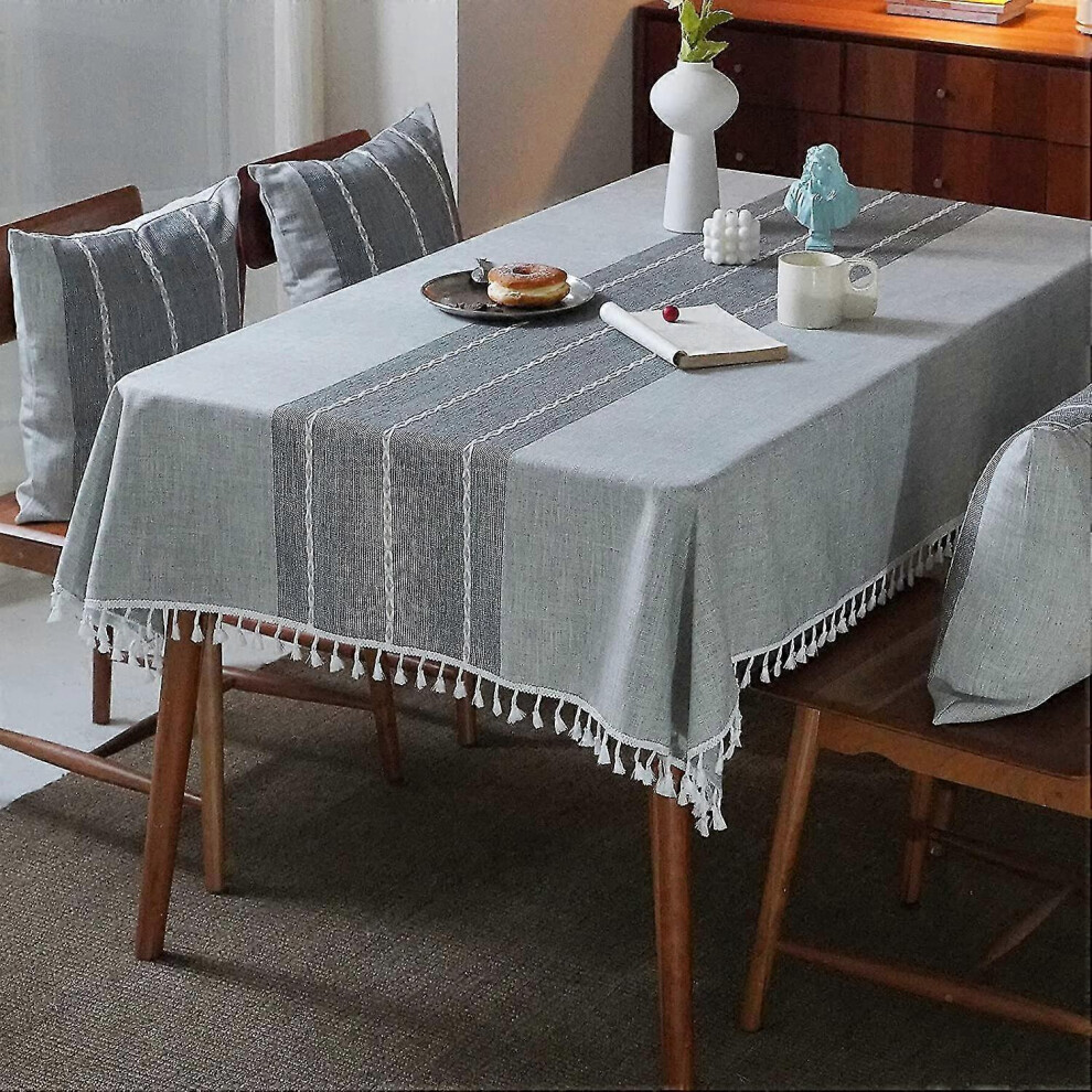 Washable Cotton Linen Tassel Tablecloth for Thanksgiving, Christmas, Kitchen and Dining Room (54 x 40 inch, Grey)-image-OPC-PKMZBRN-NEW