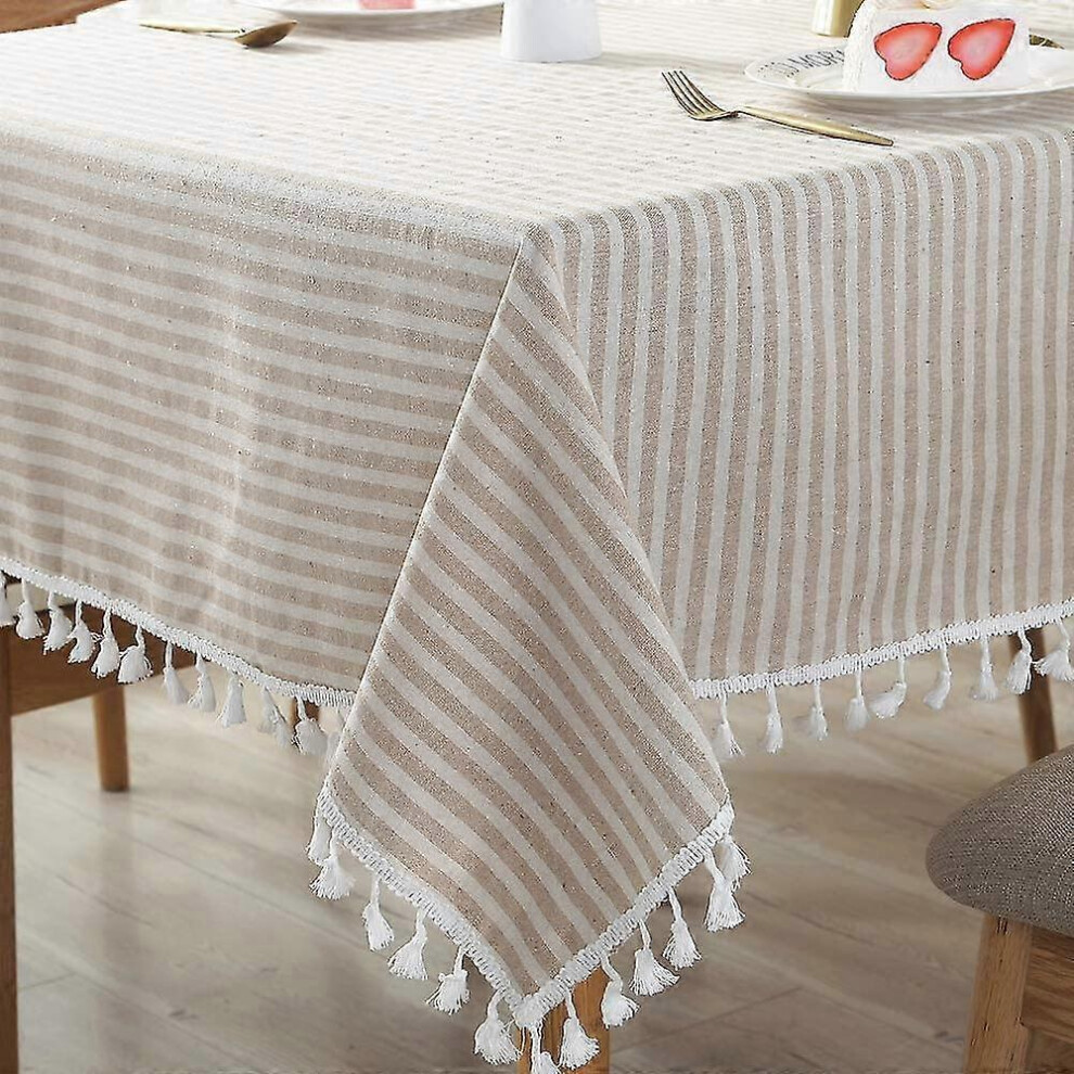 Rectangular Cotton Linen Tablecloth with Stripes and Tassels, Dustproof, for Kitchen and Dining Room Table Decoration (140cm x 180cm, Beige)