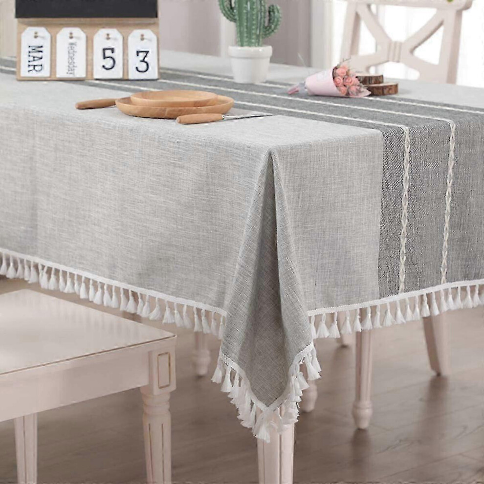Rectangular Cotton Linen Tablecloth, Wrinkle-Resistant, Tassel, Washable, for Kitchen, Dining Room, Party (Grey, 140 x 140 cm)