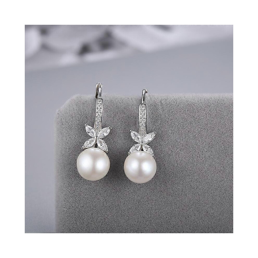 Kikidex (As Show, One Size) Pearl Dangle Earrings, 925 Sterling Silver Pearl Earrings Leverback Design, Cz Diamond Pearl Earrings For Women, Ladies 8Mm-10Mm, White,Silver