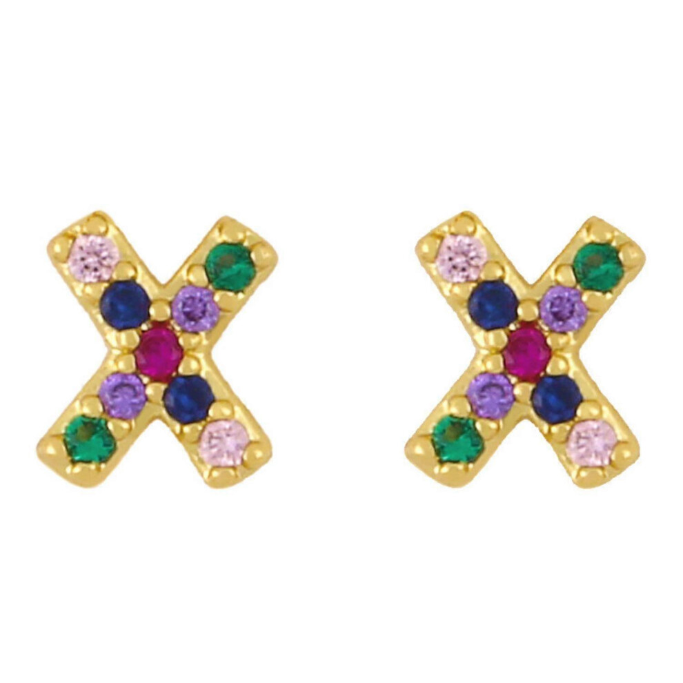 Kikidex (As Show, One Size) Earrings Post Rainbow Cubic Zirconia Plated 26 Letter Initial Earrings For Girls Women - X Gold