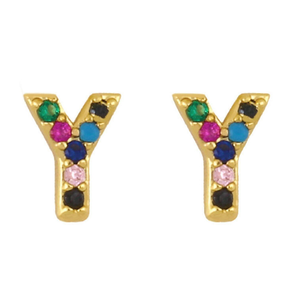 Kikidex (As Show, One Size) Earrings Post Rainbow Cubic Zirconia Plated 26 Letter Initial Earrings For Girls Women - Y Gold