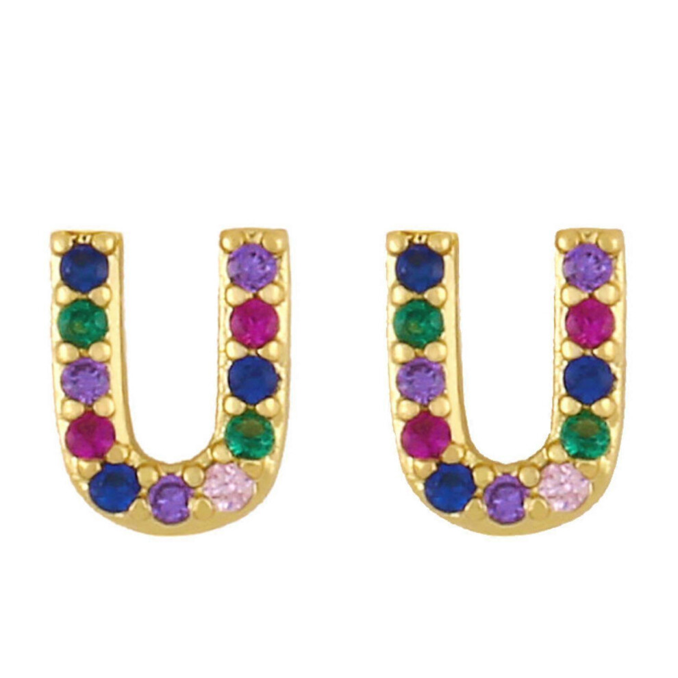 Kikidex (As Show, One Size) Earrings Post Rainbow Cubic Zirconia Plated 26 Letter Initial Earrings For Girls Women - U Gold