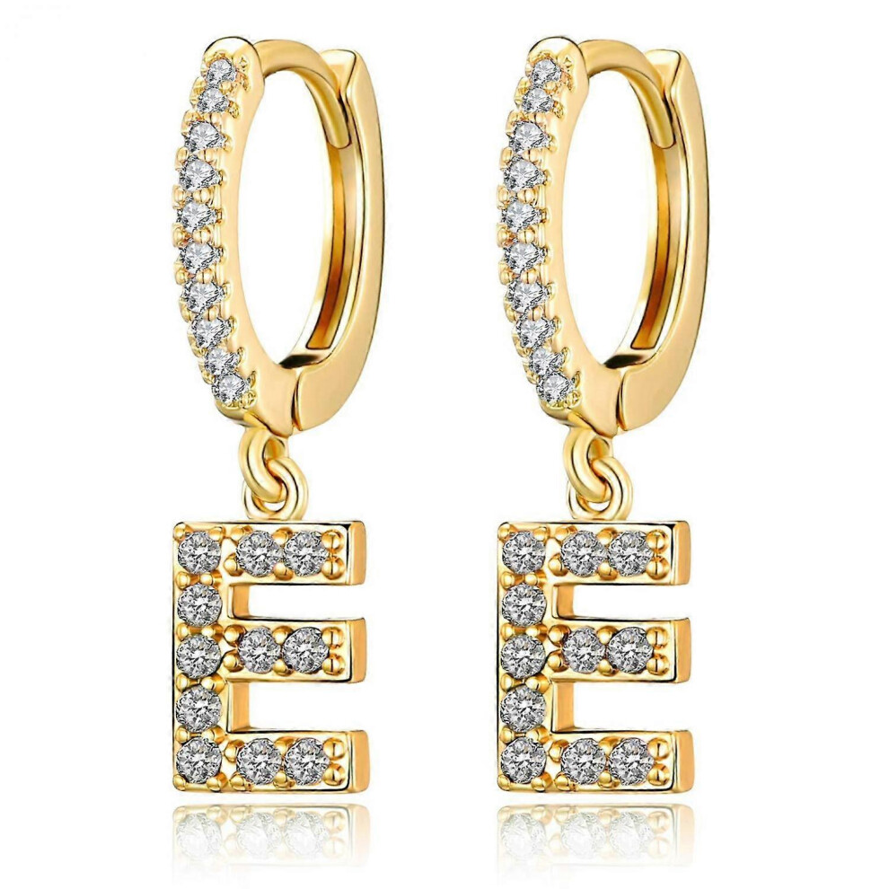 Kikidex (As Show, One Size) Hoop Earrings For Women Girls 18K Plated Dainty Small Dangle Hoop Cubic Zirconia Initial Earrings - E Gold