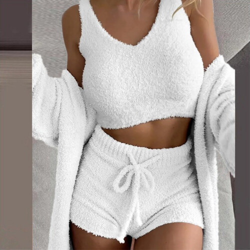 (White, S) 3pcs Ultimate Relaxation Soft Texture Pajamas Set With Wide