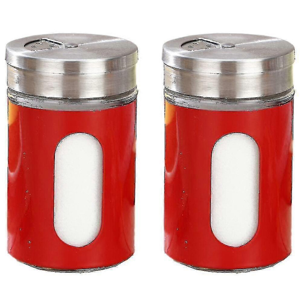(2 Pieces ) Stainless Steel And Glass Salt And Pepper Shaker Set With Adjustable Pouring Holes Red