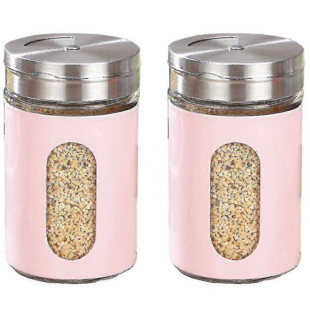 (2-Piece ) Stainless Steel And Glass Salt And Pepper Shaker Set With Adjustable Pouring Holes Pink
