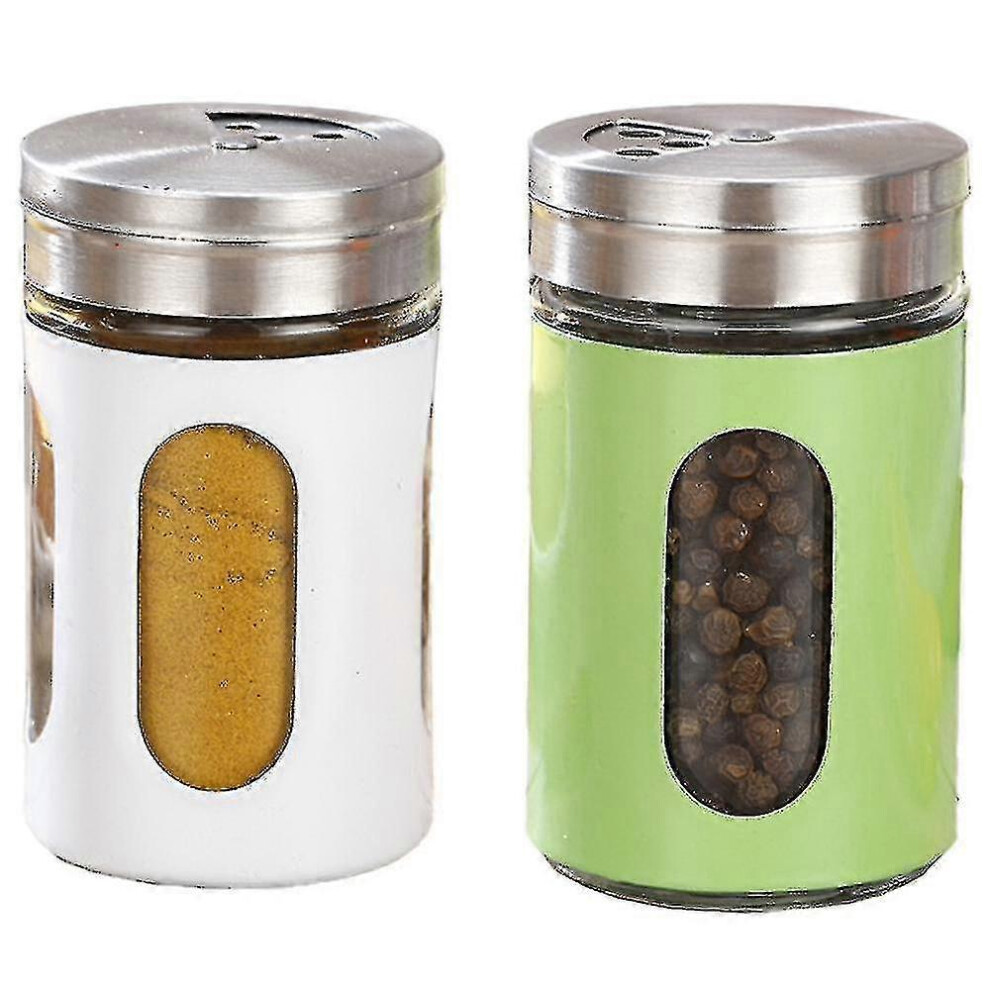 (1Pc * 1Pc White) Stainless Steel And Glass Salt And Pepper Shaker Set With Adjustable Pouring Holes Green/White